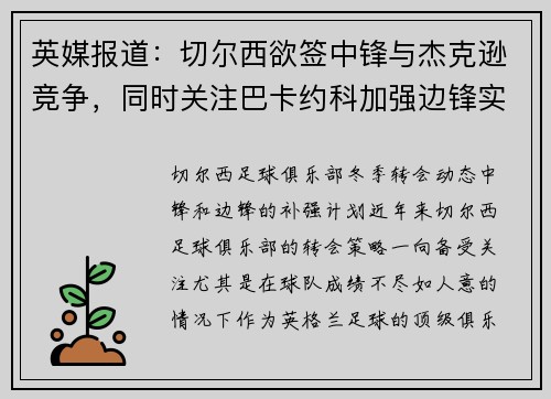 英媒报道：切尔西欲签中锋与杰克逊竞争，同时关注巴卡约科加强边锋实力